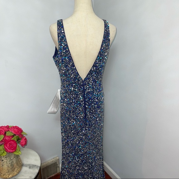 # Mac Duggal Navy / Blue Sleeveless Sequin Embellished Sheath Gown W/ High Slit - Picture 8 of 15